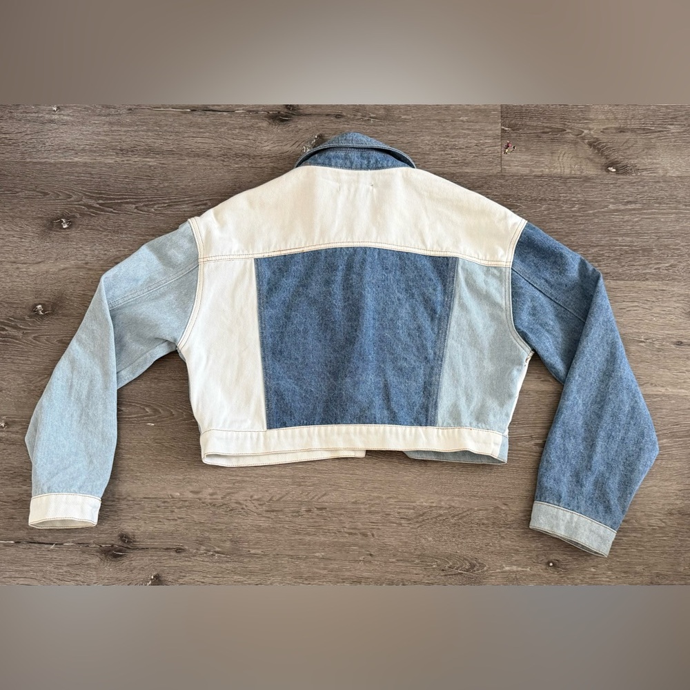 Missguided Denim Patchwork Cropped Jacket | Size 6 - image 4
